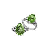 Handcrafted Sterling Silver Peridot Quartz Teardrop Garden Bloom Ring With Balinese Detailing.